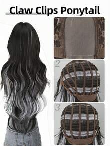 28英寸女士长款波浪卷合成假发 - 棕色至铂金色，4x1蕾丝前额U型蕾丝假发，采用耐热纤维，适合日常佩戴、角色扮演和万圣节装扮 - 挑染灰色 - 查看 7