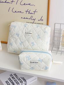 1 件米色底蓝色蝴蝶结便携式旅行绗缝包，适合返校季、万圣节等场合，可作化妆包使用。时尚休闲大容量便携拉链化妆包，旅行文具收纳包，度假必备化妆包，可收纳耳机、充电器、口红、化妆品、香水、护肤品和美容产品，家居装饰，适合妈妈、护士、学生、女学生、钥匙等，节日礼物，化妆包，旅行必备 - 藍色 - 查看 12