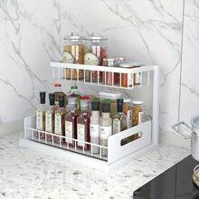 Organizador de 2 niveles para debajo del fregadero - Estante de almacenamiento extraíble de plástico resistente, diseño a prueba de agua y óxido, ahorro de espacio para cocina, baño, despensa, refrigerador, lavandería - Fácil instalación, blanco y negro - Blanco - Ver 5