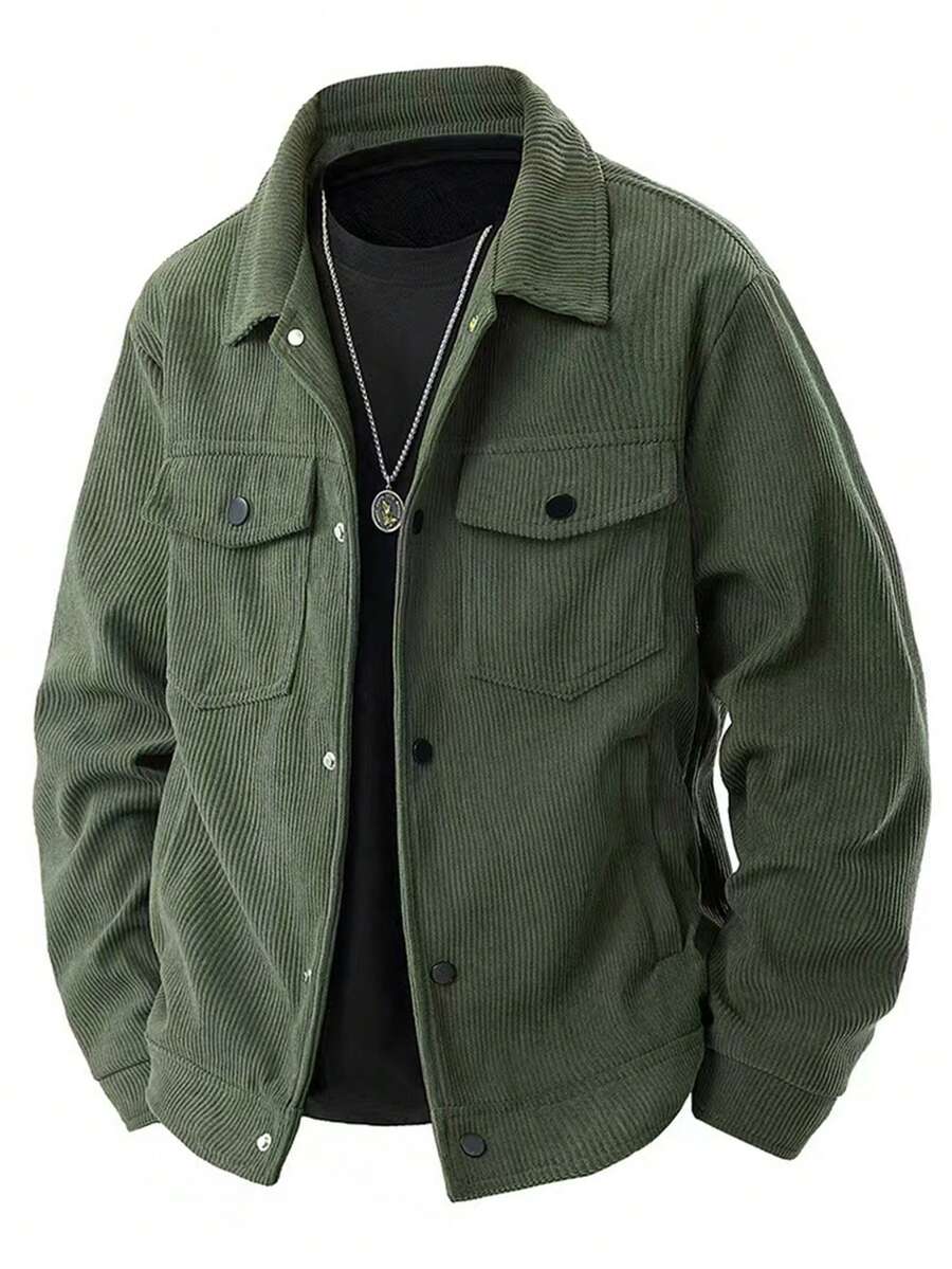 Men's Casual Sports Jacket, Corduroy Windbreaker Coat, Vintage Multi-Pocket Cargo Jacket, Spring/Autumn - Army Green - View 1