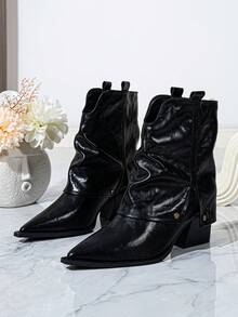 Leather Western Ankle Boots, Chunky Heel Pointed Toe Ruched Boots, Vintage Women Shoes