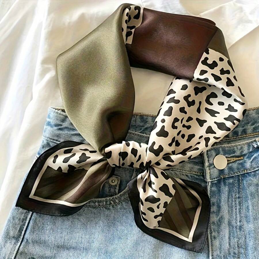 Elegant Square Neck Scarf - Soft & Breathable Olive Green & Leopard Print, Versatile Fashion Accessory For Casual Outings & Hair Styling, Women's Elegant Decorative Scarf - Elegant and Beautiful Style - View 1