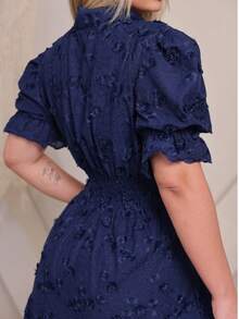 Women's Midi Dress With Embroidered Lace, All-Over Print, Embroidery, Button Detail, Ruffle Detail, Gathered Detail, Suitable For Formal And Evening Wear. - Navy Blue 3d - View 4