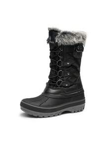 Boys And Girls Winter Snow Boots, Water-Resistant Mid Calf Boots With Anti-Slip Sole, Insulated & Cozy Faux Fur Lining For Little And Big Kids - 黑色 - 查看 4