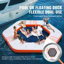 Inflatable Floating Dock, ø8.5FT Inflatable Dock Platform With ø5FT Trampoline Mesh Pool, Non-Slip Floating Platform Water Mat With Portable Bag & Detachable Ladder For Pool Beach Relaxation - 白色+桔色 - 查看 2