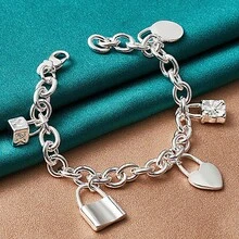 925 Sterling Silver Plated Lock Pendant Bracelets For Women Men Wedding Party Fashion Jewelry - Silver - View 5