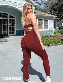 YEOREO Leggings For Women Hidden Scrunch High Waisted Yoga Pants V Cross Tummy Control Craze Compression Workout - 葡萄酒紅 - 查看 6