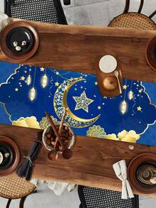 1 Stück Eid Mubarak Tischläufer Tischdekoration, 180*35cm Polyester Blau & Goldener Mond Moschee Laterne Muster Tischflagge Frohes Ramadan Mubarak 2026 Party Zubehör Dekorationen Festliche Küche Esszimmer Zuhause Eid Mubarak Tischdekoration