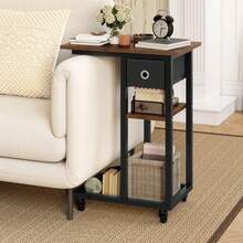 C-Shaped End Table, Slim Sofa End Table With Fabric Drawer, Open Compartments And Lockable Wheels, Movable Side Table, Rustic Brown -By GeoTower - Dark Rustic Oak - View 2