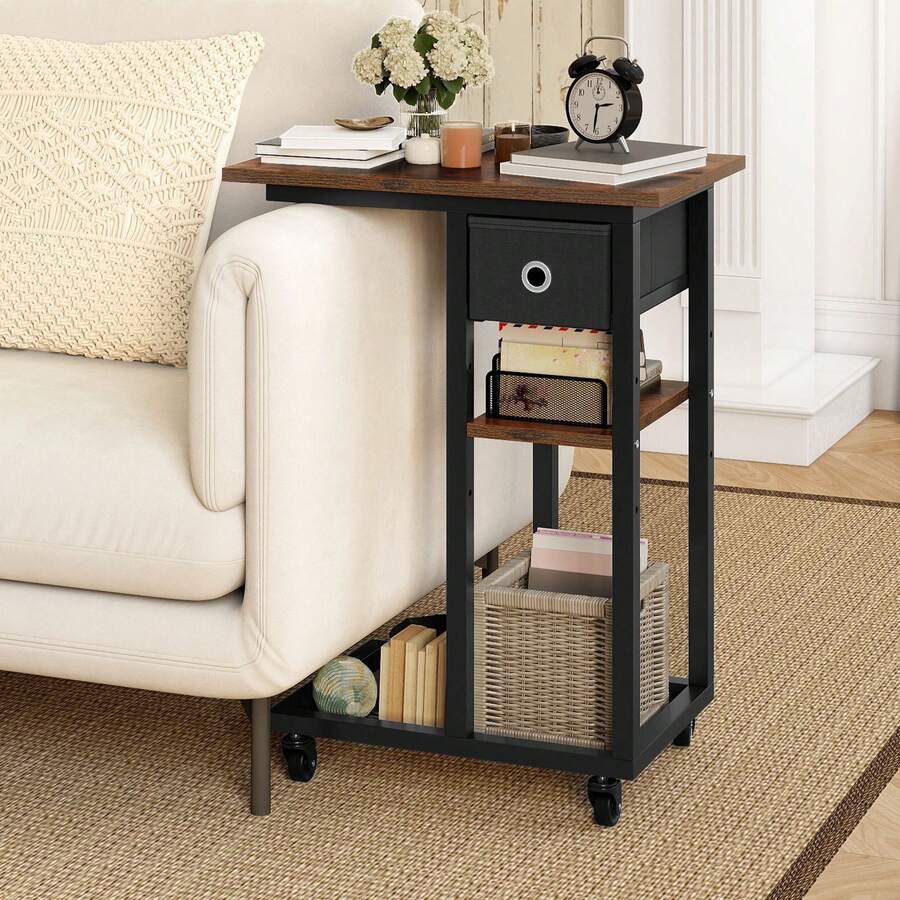 C-Shaped End Table, Slim Sofa End Table With Fabric Drawer, Open Compartments And Lockable Wheels, Movable Side Table, Rustic Brown -By GeoTower