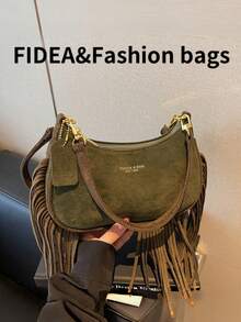 Túi xách Baguette đeo vai một bên dành cho nữ thời trang thu đông, chất liệu da lộn tua rua thanh lịch, phong cách đường phố, túi xách đa năng, thích hợp cho các buổi đi chơi, mua sắm, hẹn hò - màu xanh lá - Xem 5