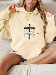 Plus Size Women's Cross With Leopard Print, "It Does Not Make Things Easier, It Makes Them Possible", "Faith" And "-LUKE 1:37-" Text Pattern Fall Fashion Graphic Sweatshirt - Apricot - View 1