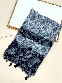 新款波西米亚印花围巾，轻盈透气流苏披肩，优雅女士防晒沙滩旅行围巾 - 灰色 - 查看 5