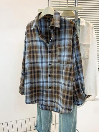 Plus Size Retro Plaid Shirt, Casual Street Style, Suitable For All Seasons