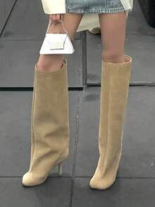 小众设计细跟骑马靴，新款哑光皮革直筒过膝女靴 - 杏色 - 查看 7