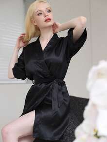 1 件 - 女士纯色优雅蕾丝风格秋冬浴袍，适合家庭睡衣，性感短袖缎面丝绸柔软睡衣，适合新娘和伴娘。