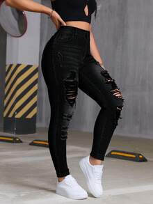 女士修身破洞牛仔裤，高腰性感设计，带口袋，做旧细节，拉链闭合。这款高腰修身浅色水洗棉质牛仔裤适合春秋季休闲穿着，也适合圣诞节和其他场合。 - 深黑色 - 查看 4