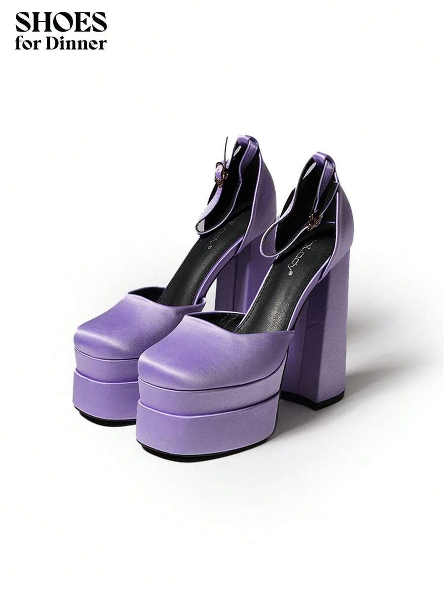 [AVA-1]Women's Platform Block Heel Ankle Strap Pumps – Chunky High Heel Party Shoes With Closed Round Toe For Wedding Work Party Dress Prom Fall Winter Fashionable Halloween - 紫丁香色 - 查看 1