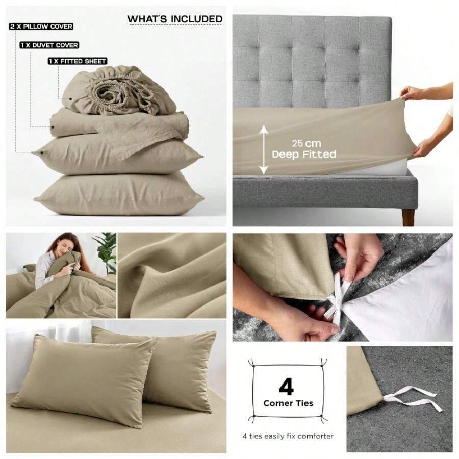 Double Bedding Set 4 Piece Duvet Cover Fitted Sheet With Pillow Cases Soft Brushed Microfiber Duvet Cover Sets Beige - Double + Beige - View 1