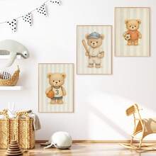 1pc, Canvas Wall Art, Framed Nursery Wall Decor, Teddy Bear Baseball Theme Painting, Teddy Bear Basketball Theme Painting, Teddy Bear Soccer Theme Painting, Sports-Themed Nursery Decor, Suitable For Children's Room Decor, Animal-Themed Nursery Art, Blue Striped Design Playroom Decor, Children's Room Artwork, Nursery Decorative Painting, Kindergarten Decor, Sports Enthusiast Decor Gift, Playroom Decor, Maternity Room Decor