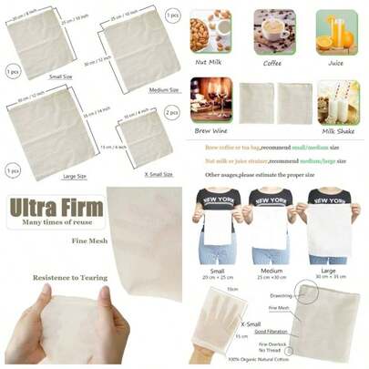 Cheesecloth Bags Straining, Reusable Cold Brew Coffee Cheese Cloths Strainer, Large Nut Milk Tea Bag, Natural Cotton Fine Mesh BagsX - Small, 4 PACK