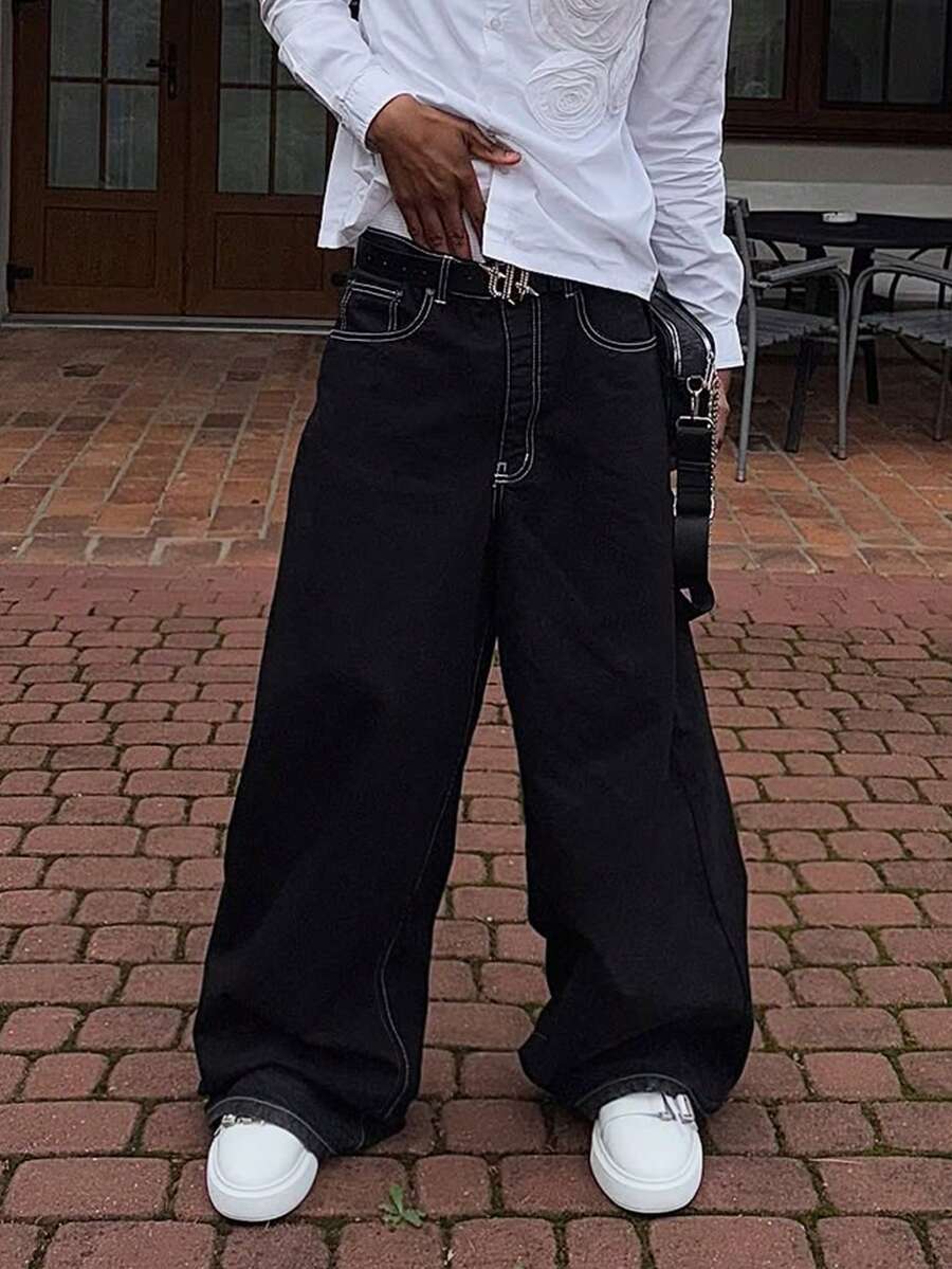 Calça Denim Masculina Sólida, Reta, Larga e Solta, Preta com Costura Aparente, Calça Casual Versátil, Estilo Streetwear Y2K, Presente Adequado para Marido/Namorado, Grunge