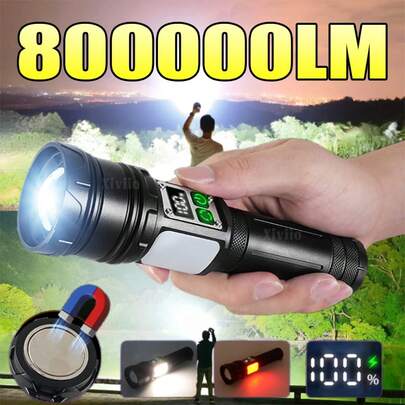 800 000 lm Lampe de poche magnétique, Lampe tactique LED haute puissance à 9 modes, Lampe de poche latérale COB super lumineuse avec zoom, Éclairage pour le camping, le cyclisme, la pêche, la randonnée en extérieur