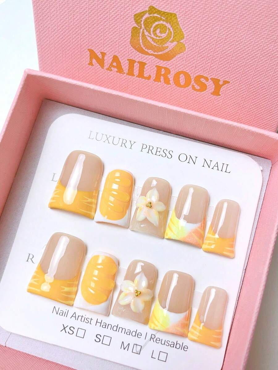 nailrosy 10Pcs Handmade Press On Nails Kit Short Duck Orange Y2K Nails Wedding Christmas Press On Acrylic Nails Poly Gel Nail Kit Fake Nails Wedding Birthday Party Emo Goth Acrylic Nails Supplies Cute Elegant 3D Nail Art Gel Carving Gel Flowers Winter - Yellow - View 1