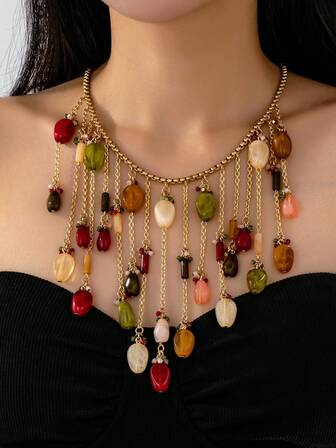 1 pieza Collar de mujer con cuentas, nuevo collar de cadena con borla de perlas coloridas estilo retro francés, accesorio de cadena de suéter de alta gama estilo sirena, adecuado para usar en Halloween, Navidad, Acción de Gracias