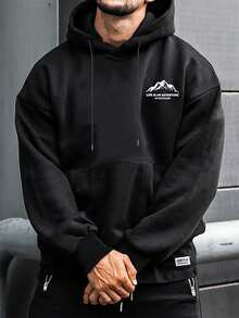 男士秋冬简约山景印花口袋抽绳连帽卫衣，长袖上衣 - 黑色 - 查看 4