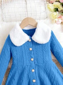 Girls Casual Maillard Color Textured Jacquard Knit Long Sleeve Button Front A-Line Dress + Warm Soft Double-Sided Fleece Collar, Casual Yet Elegant, Versatile Layering Dress For Autumn/Winter