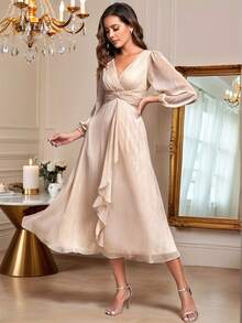 Women's Elegant V Neck Long Sleeves Formal Dress Sparkling Glitter Twist Knot Ruched Tea-Length Champagne Bridesmaid Dresses Wedding Guest Dress For Wedding Semi Formal Dress - Champagne - View 8
