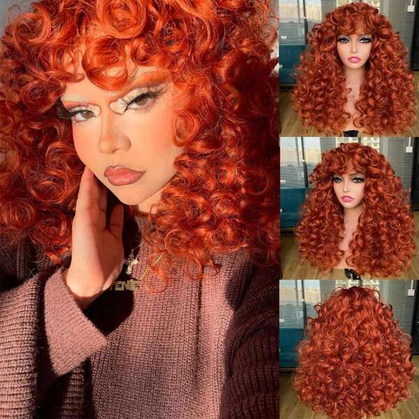 Red Ginger Wig For Women Long Curly Wave Wigs With Bangs Copper Synthetic Wig Natural Cosplay Party Heat Resistant Hair Hihoo