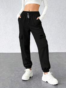 Pantalones sueltos de mujer de unicolor con cintura ajustable, versátiles para hacer deporte - Estrella negra - Ver 1