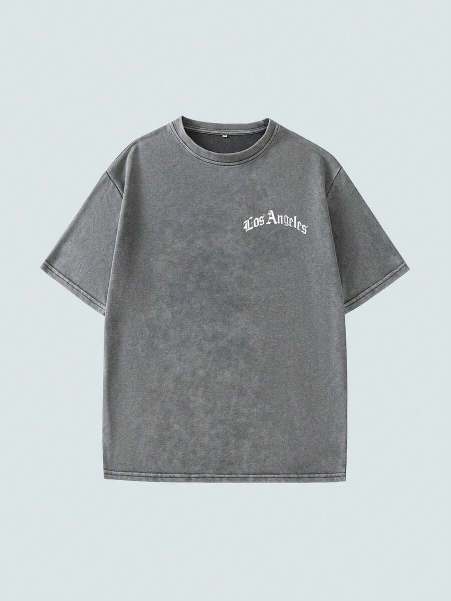 MODCRASH 男士趣味字母印花圆领落肩短袖休闲T恤，街头风，图案T恤，春夏款 - 淺灰色 - 查看 1