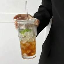 1 Set Of Striped Glass Cup With Straw And Lid, High-Quality Premium 600ml Coffee And Juice Cup, Suitable For Home, Office, Beach, Parties, Multipurpose Beverage Container For Coffee, Tea, Milk