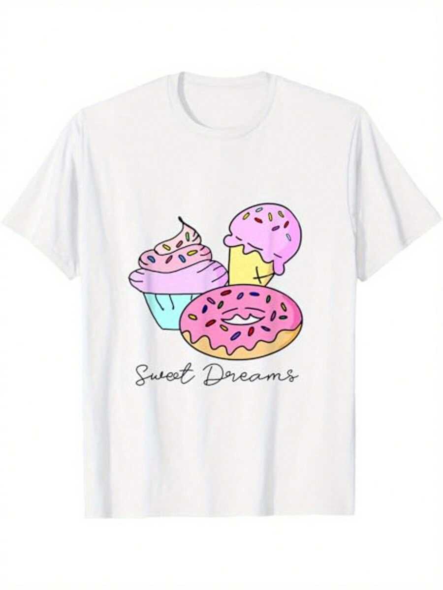 Camiseta de Cupcake Donut Helado para Niñas y Niños - Conjunto de Fiesta de Cumpleaños en Rosa Pastel Suave y Morado, Camiseta Transpirable para el Día a Día, Camiseta Gráfica con Texto de Dulces Sueños para Pijamas y Celebraciones, Ropa de Celebración, Top Divertido, Ropa de Juego Duradera, Ropa Infantil, Niños Pequeños - Blanco - Ver 1