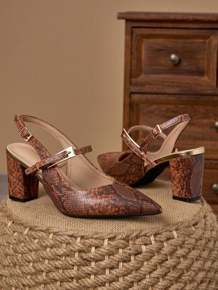 WHDXY 优雅棕色蛇纹粗跟尖头高跟鞋，女式系带设计，适合婚礼、正式场合和日常穿着。 - 棕色 - 查看 4