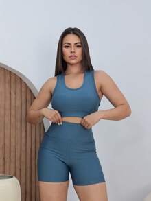 SHOWOFF Fitness Gym Set: Mid-Thigh Shorts With Top. - Serenity Blue - View 3