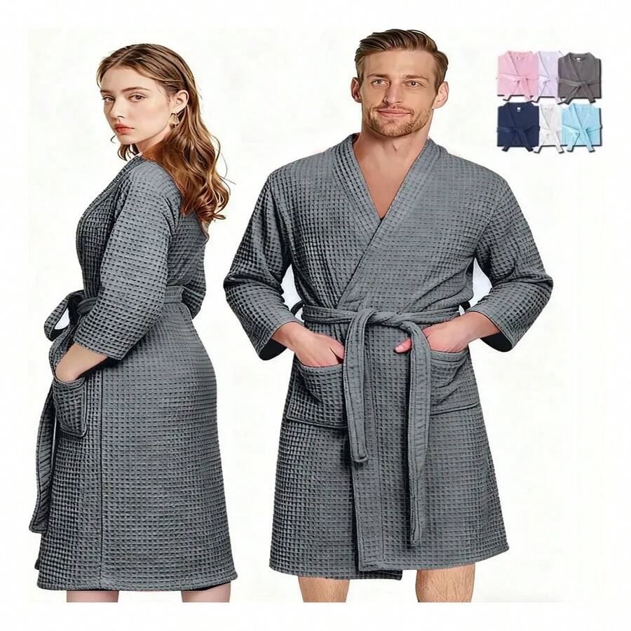 Bata waffle de algodón suave unisex para baño spa hogar hotel pijama ligera y absorbente - Gris - Ver 1