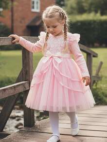 Toddler Dress Girls Ruffle Long Sleeve Layered Tulle Dress Fall Spring Fashion Party Dresses 3-10T, Kids Holiday Birthday Wedding Outfit - Hồng - Xem 2