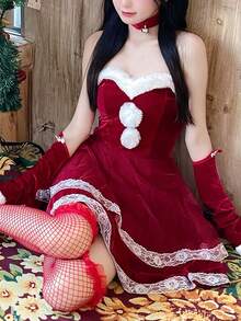 1件套圣诞战士性感兔女郎角色扮演服装5件套，甜美蕾丝边无肩带迷你裙套装 - 彩色 - 查看 4