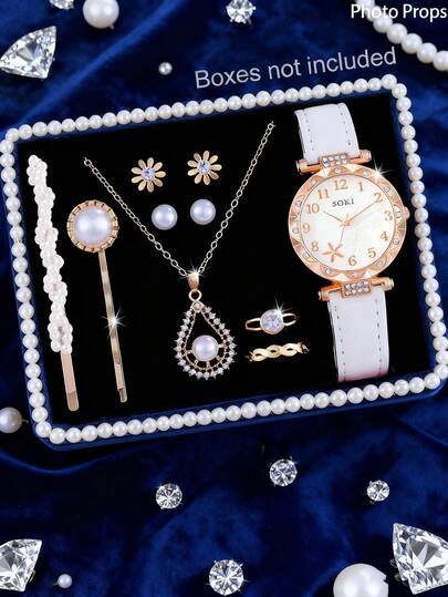 SOKI 一款复古法式女士腕表套装，包含时尚项链、戒指、耳环和发夹，均饰以闪耀的宝石点缀。搭载优雅时尚的石英机芯，搭配精致设计的指针，适合日常佩戴、晚宴及特殊场合。经典珠宝配饰 | 精致细节