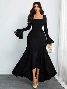 女士性感优雅法式复古青春时尚花瓣袖不规则弹力毛绒大裙摆连衣裙，适合通勤或假日派对穿着，黑色，春季款 - 黑色 - 查看 2