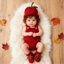 3pcs Handmade Knitted Newborn Baby Set, Seamless Stitching, Ideal Gift For Christmas, 100 Days Celebration, New Year, Apple Design - 紅色 - 查看 4