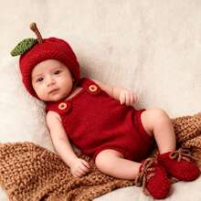 3pcs Handmade Knitted Newborn Baby Set, Seamless Stitching, Ideal Gift For Christmas, 100 Days Celebration, New Year, Apple Design - 紅色 - 查看 3