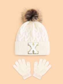 2件套儿童婴儿26字母针织帽和手套套装，柔软毛球装饰，保暖舒适，适合女孩秋冬季校园/户外活动穿着，适合3-8岁儿童。 - 白色 - 查看 28