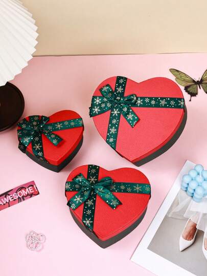 3PCS Christmas Party Favor Boxes Gift Bags, Heart-Shaped Gift Box With Cover, Ribbon Box, Suitable For Father's Day, Mother's Day, Christmas, Valentine's Day, Birthday, Couples, Etc.