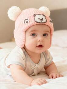 1pc 0-6 Months Baby Cartoon Bear Pom Pom Decorated Earflap Knit Hat, Warm & Versatile Cute Newborn Winter Cap, Suitable For Holiday Gifts And Daily Outdoor Use - Multicolor - View 2