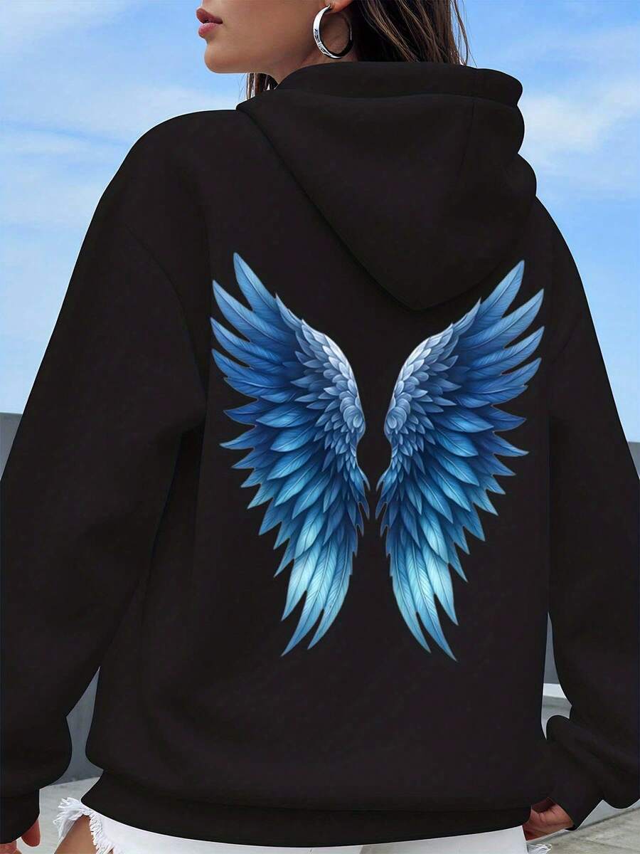 Gray Hoodie With Blue Angel Wings Print Women's Casual Sweatshirt Long Sleeve Pullover Coat For Autumn Winter Fashion Outwear - Đen và trắng - Xem 1